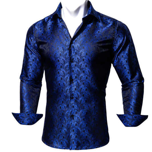 Black Blue Paisley Style Silk Dress Shirt shirt S   - Sophisticated Gentlemen