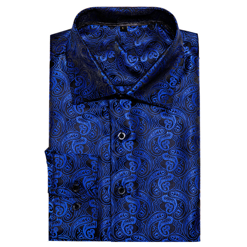 Black Blue Paisley Style Silk Dress Shirt shirt    - Sophisticated Gentlemen