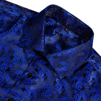 Black Blue Paisley Style Silk Dress Shirt shirt    - Sophisticated Gentlemen