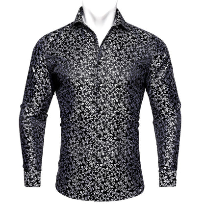 Black White Floral Style Silk Dress Shirt shirt S   - Sophisticated Gentlemen