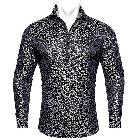 Black White Floral Style Silk Dress Shirt shirt S   - Sophisticated Gentlemen