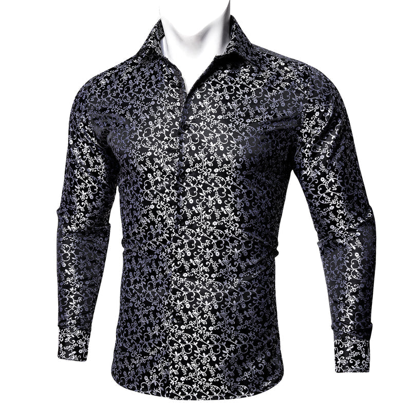 Black White Floral Style Silk Dress Shirt shirt    - Sophisticated Gentlemen