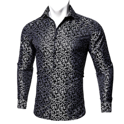 Black White Floral Style Silk Dress Shirt shirt    - Sophisticated Gentlemen