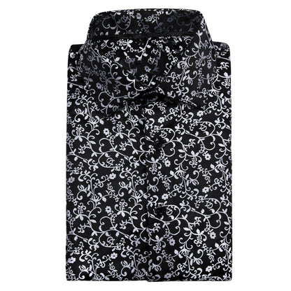 Black White Floral Style Silk Dress Shirt shirt    - Sophisticated Gentlemen