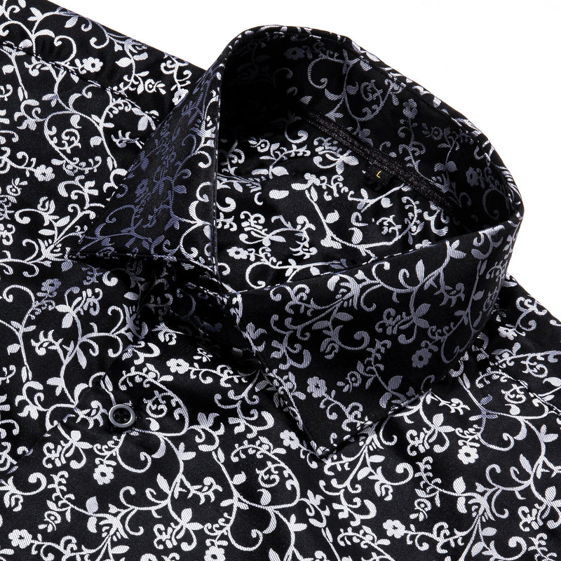 Black White Floral Style Silk Dress Shirt shirt    - Sophisticated Gentlemen