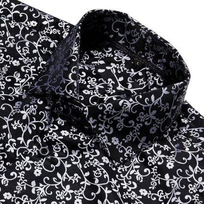 Black White Floral Style Silk Dress Shirt shirt    - Sophisticated Gentlemen