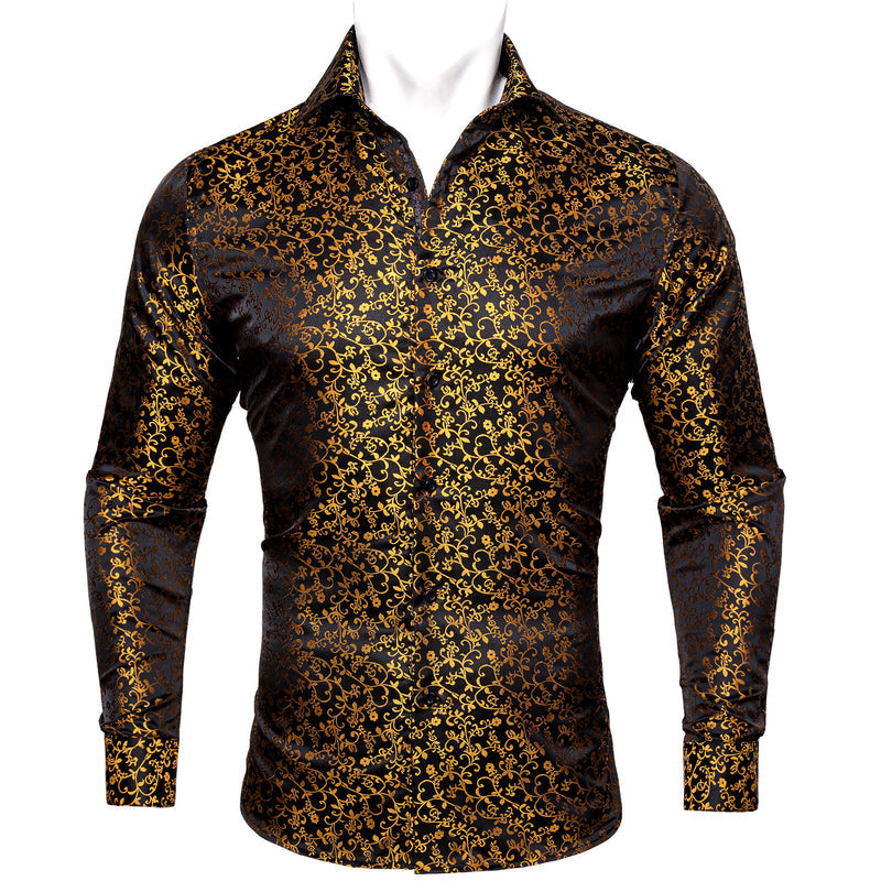 Black Golden Floral Style Silk Dress Shirt shirt S   - Sophisticated Gentlemen