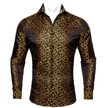 Black Golden Floral Style Silk Dress Shirt shirt S   - Sophisticated Gentlemen