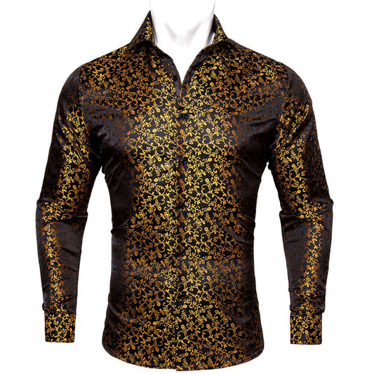 Black Golden Floral Style Silk Dress Shirt shirt S   - Sophisticated Gentlemen