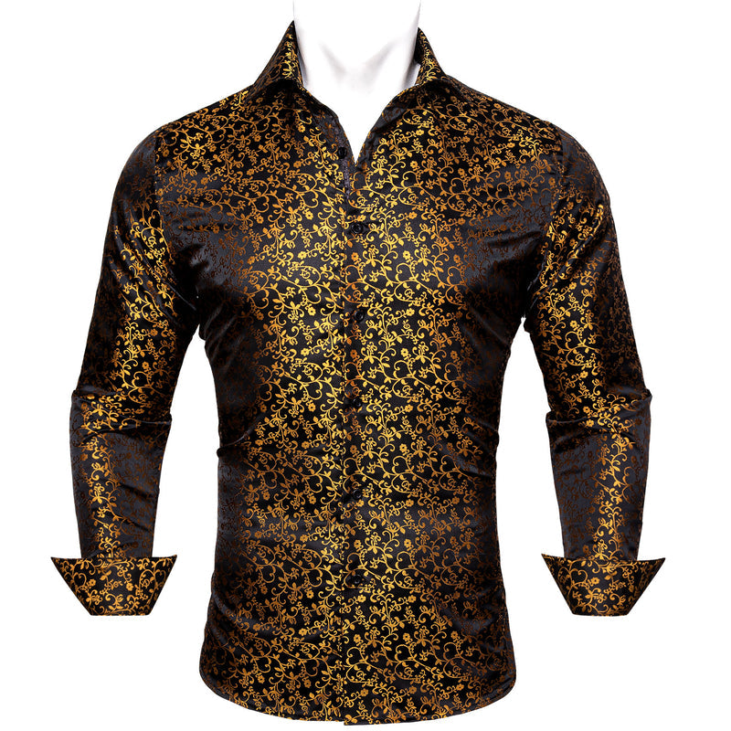 Black Golden Floral Style Silk Dress Shirt shirt    - Sophisticated Gentlemen