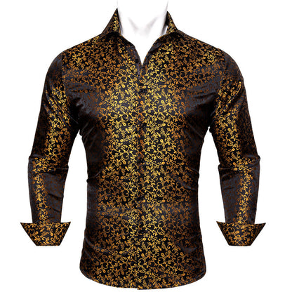 Black Golden Floral Style Silk Dress Shirt shirt    - Sophisticated Gentlemen