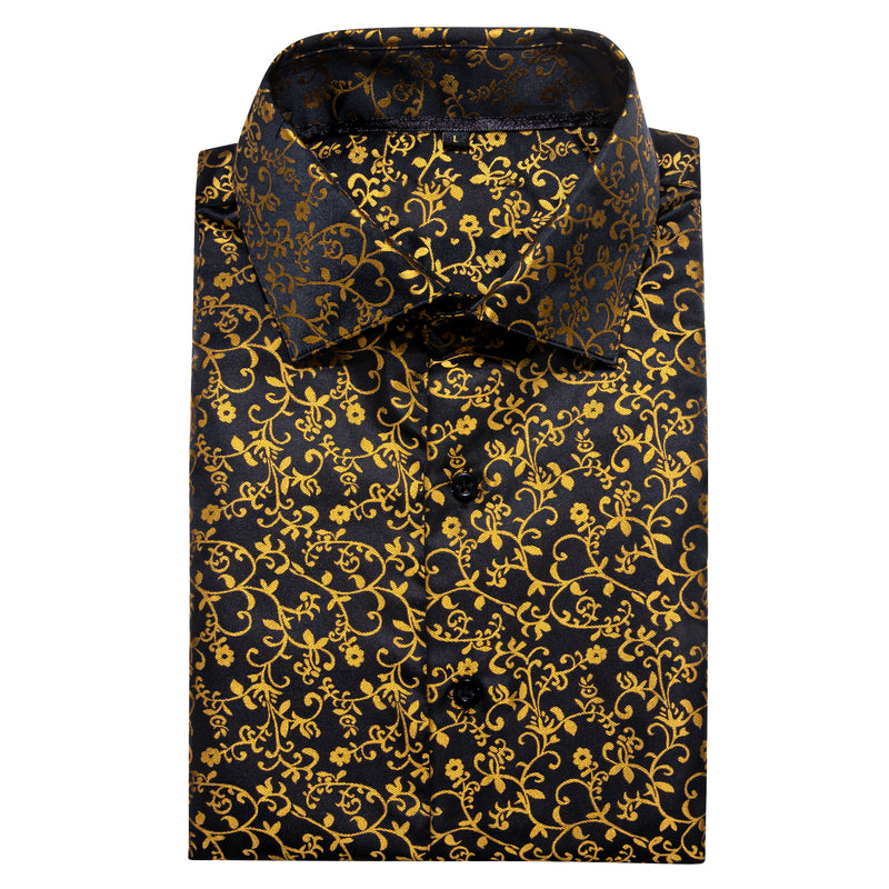 Black Golden Floral Style Silk Dress Shirt shirt    - Sophisticated Gentlemen