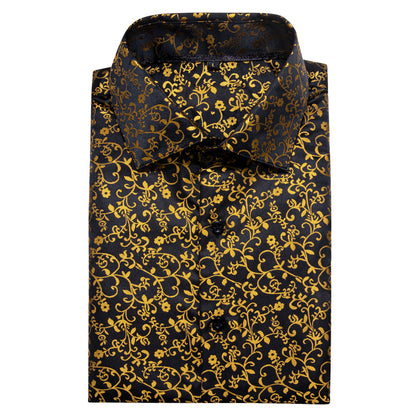 Black Golden Floral Style Silk Dress Shirt shirt    - Sophisticated Gentlemen
