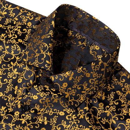 Black Golden Floral Style Silk Dress Shirt shirt    - Sophisticated Gentlemen