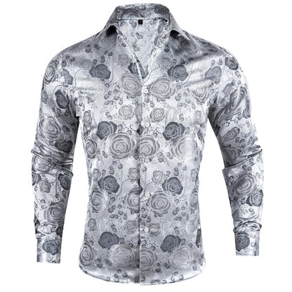 Silver Gray Floral Style Silk Dress Shirt shirt S   - Sophisticated Gentlemen