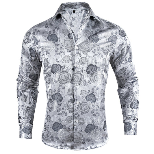Silver Gray Floral Style Silk Dress Shirt shirt S   - Sophisticated Gentlemen
