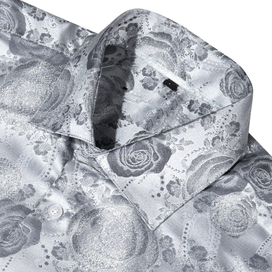 Silver Gray Floral Style Silk Dress Shirt shirt    - Sophisticated Gentlemen