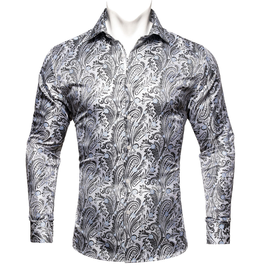 White Black Paisley Silk Dress Shirt shirt S   - Sophisticated Gentlemen