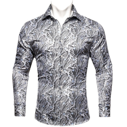White Black Paisley Silk Dress Shirt shirt S   - Sophisticated Gentlemen