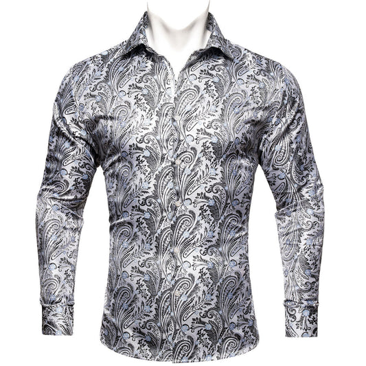 White Black Paisley Silk Dress Shirt shirt S   - Sophisticated Gentlemen