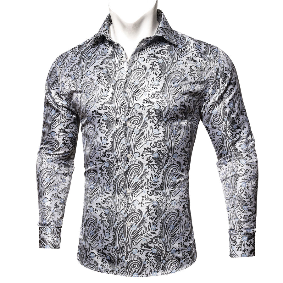 White Black Paisley Silk Dress Shirt shirt    - Sophisticated Gentlemen