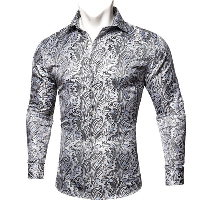 White Black Paisley Silk Dress Shirt shirt    - Sophisticated Gentlemen