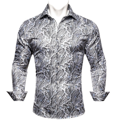 White Black Paisley Silk Dress Shirt shirt    - Sophisticated Gentlemen