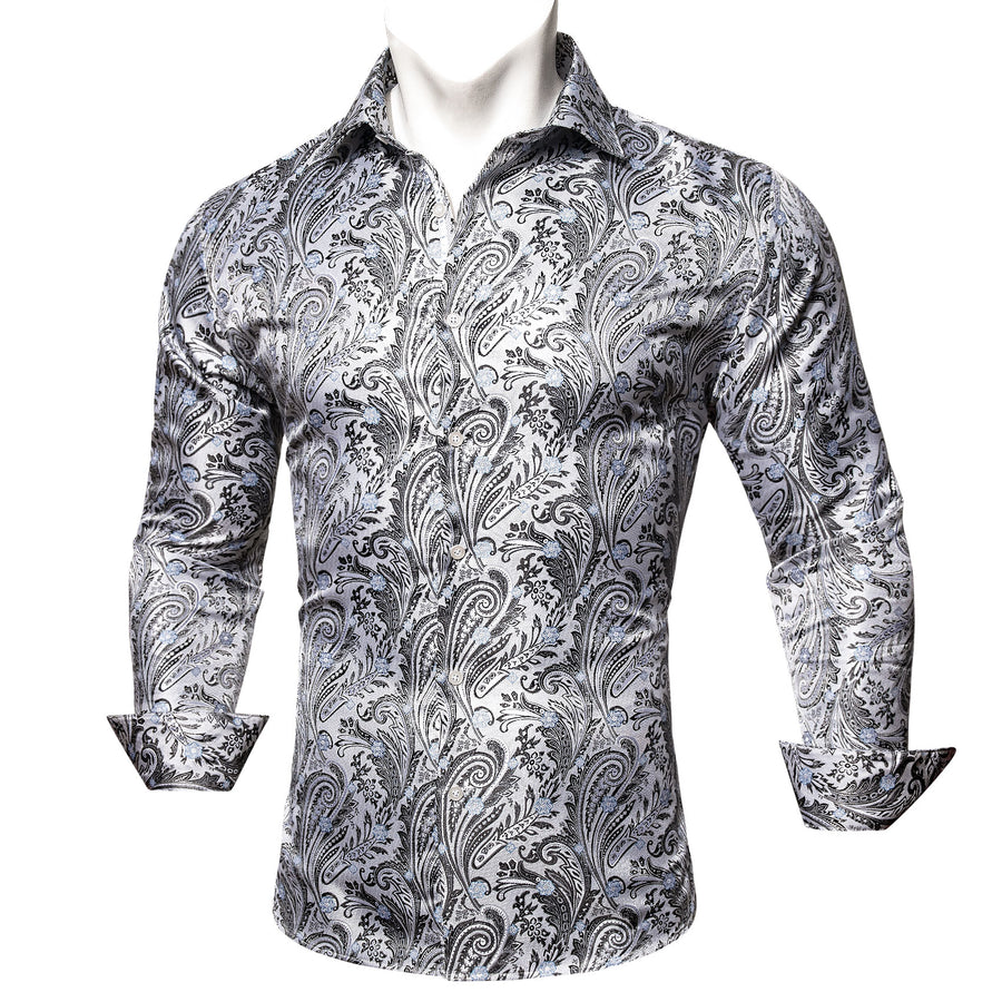 White Black Paisley Silk Dress Shirt shirt    - Sophisticated Gentlemen