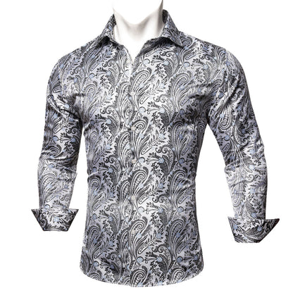 White Black Paisley Silk Dress Shirt shirt    - Sophisticated Gentlemen