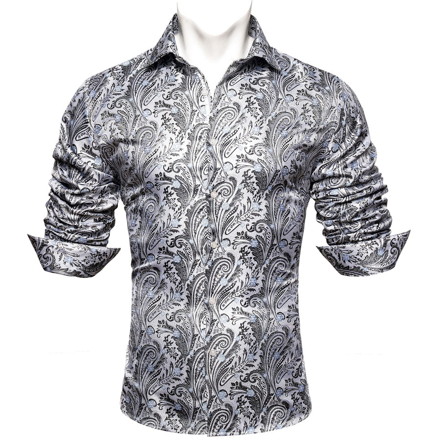 White Black Paisley Silk Dress Shirt shirt    - Sophisticated Gentlemen