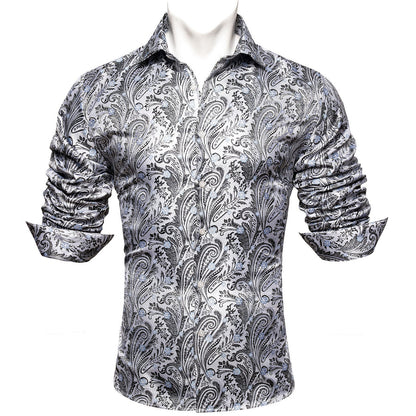White Black Paisley Silk Dress Shirt shirt    - Sophisticated Gentlemen