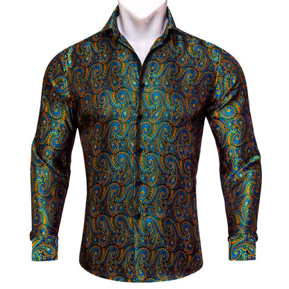 Yellow Green Paisley Silk Dress Shirt shirt S   - Sophisticated Gentlemen