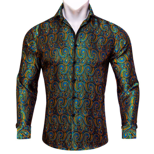 Yellow Green Paisley Silk Dress Shirt shirt S   - Sophisticated Gentlemen