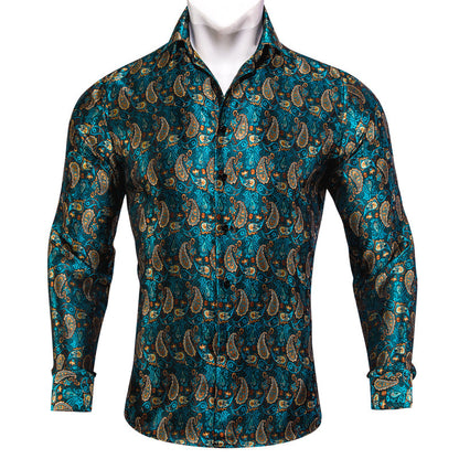 Orange Blue Paisley Silk Dress Shirt shirt S   - Sophisticated Gentlemen