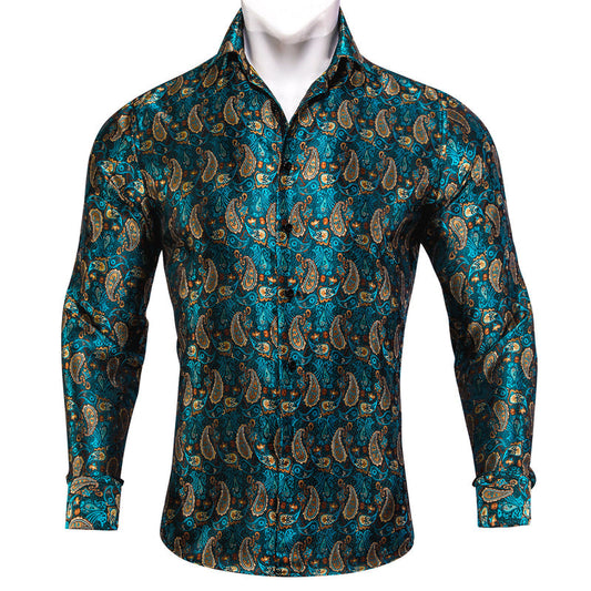 Orange Blue Paisley Silk Dress Shirt shirt S   - Sophisticated Gentlemen
