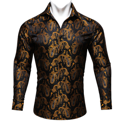 Black Gold Paisley Silk Dress Shirt shirt S   - Sophisticated Gentlemen