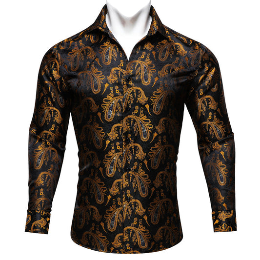 Black Gold Paisley Silk Dress Shirt shirt S   - Sophisticated Gentlemen