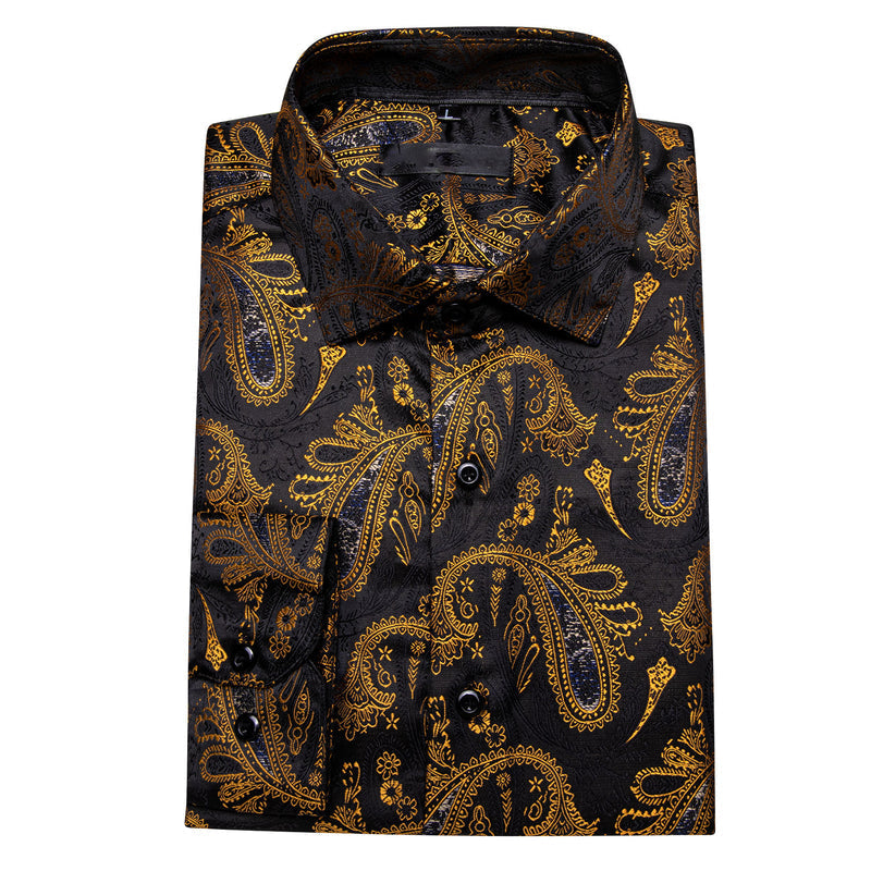 Black Gold Paisley Silk Dress Shirt shirt    - Sophisticated Gentlemen
