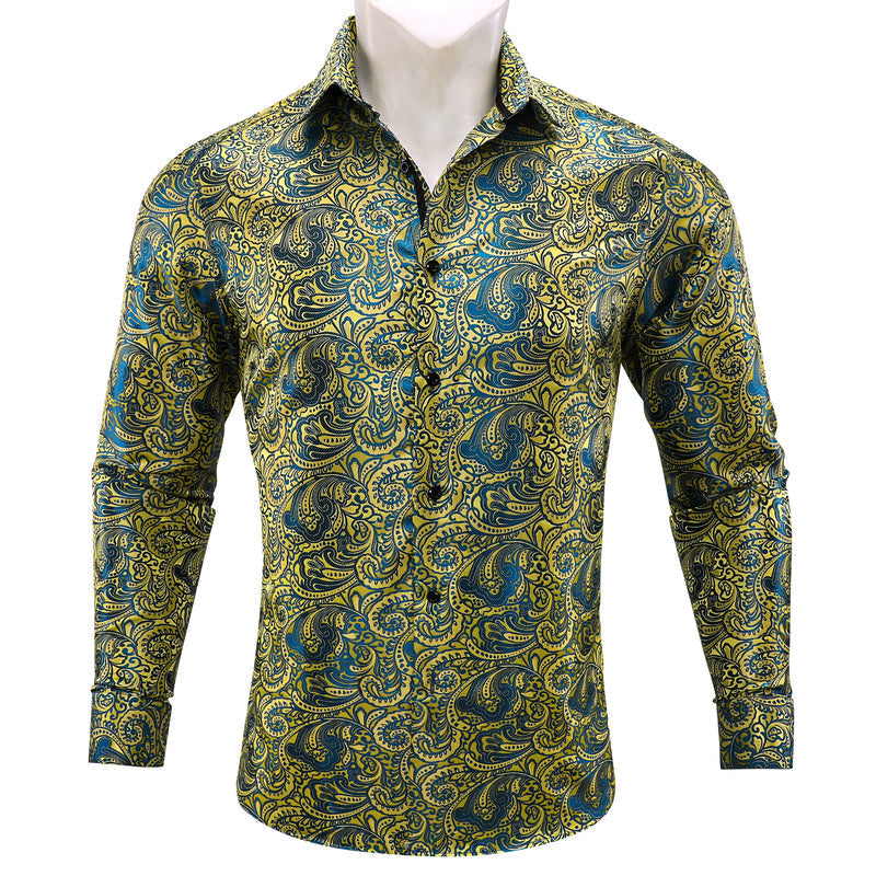 Yellow Blue Paisley Silk Dress Shirt shirt S   - Sophisticated Gentlemen