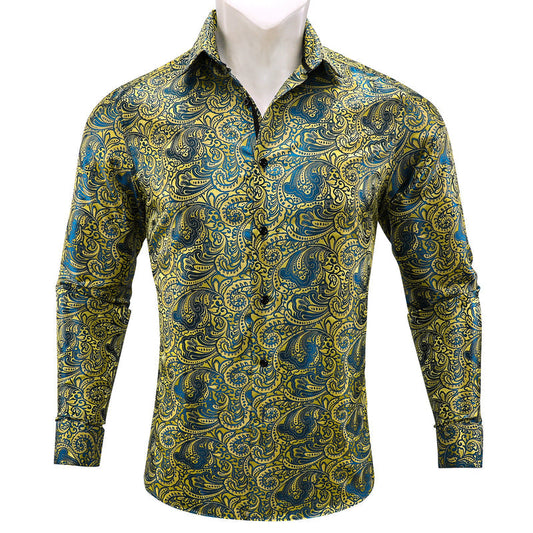 Yellow Blue Paisley Silk Dress Shirt shirt S   - Sophisticated Gentlemen