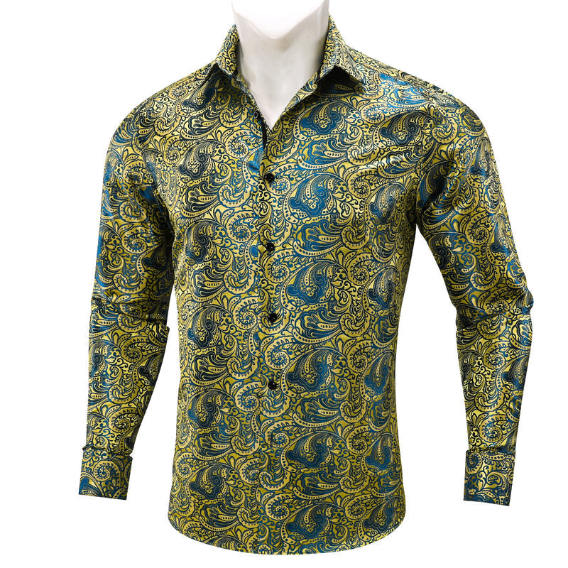 Yellow Blue Paisley Silk Dress Shirt shirt    - Sophisticated Gentlemen