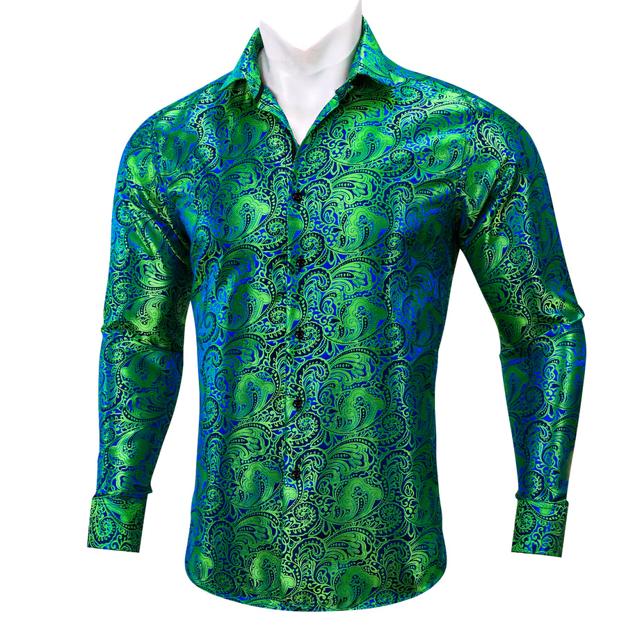 Green Blue Paisley Silk Dress Shirt shirt S   - Sophisticated Gentlemen