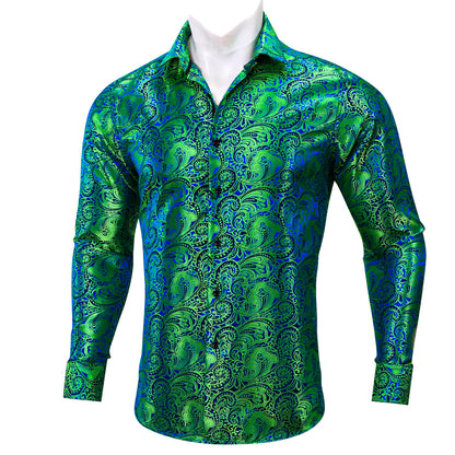 Green Blue Paisley Silk Dress Shirt shirt S   - Sophisticated Gentlemen