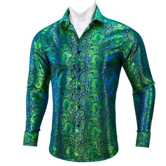 Green Blue Paisley Silk Dress Shirt shirt S   - Sophisticated Gentlemen