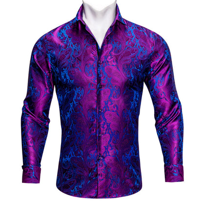 Purple Blue Paisley Silk Dress Shirt shirt S   - Sophisticated Gentlemen