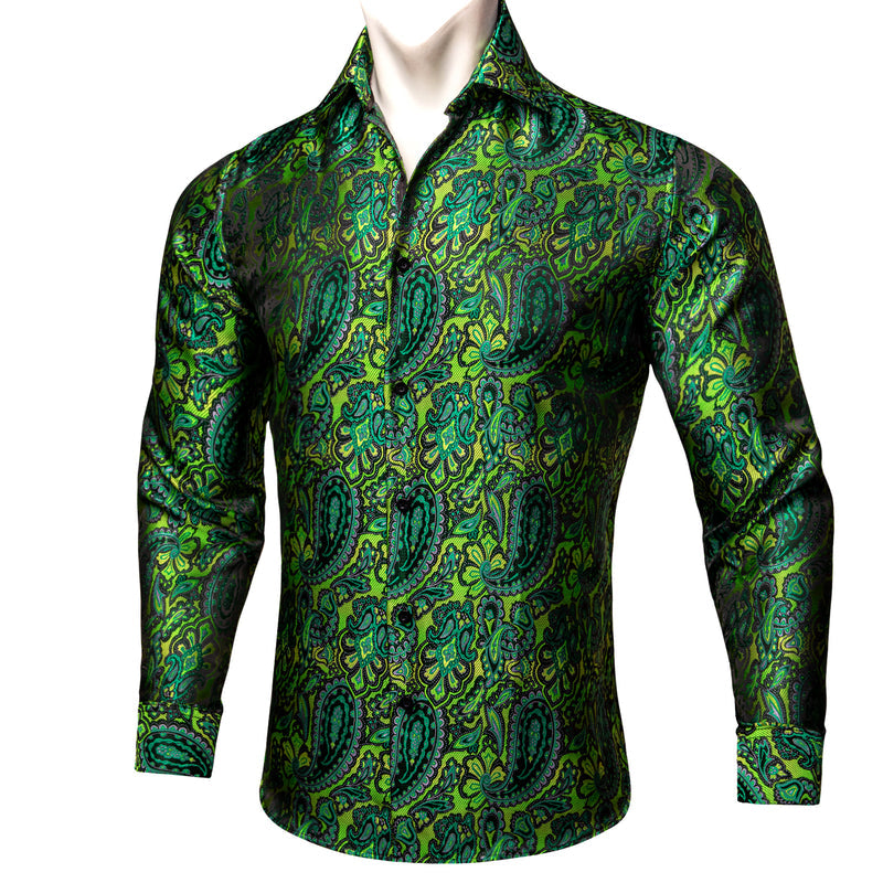 Green Paisley Floral Silk Dress Shirt shirt S   - Sophisticated Gentlemen