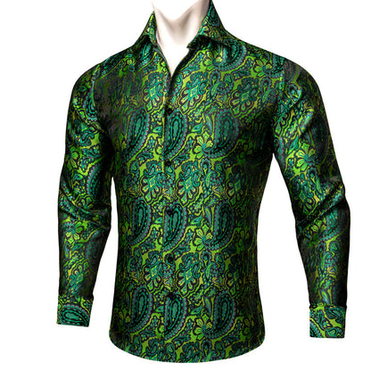Green Paisley Floral Silk Dress Shirt shirt S   - Sophisticated Gentlemen