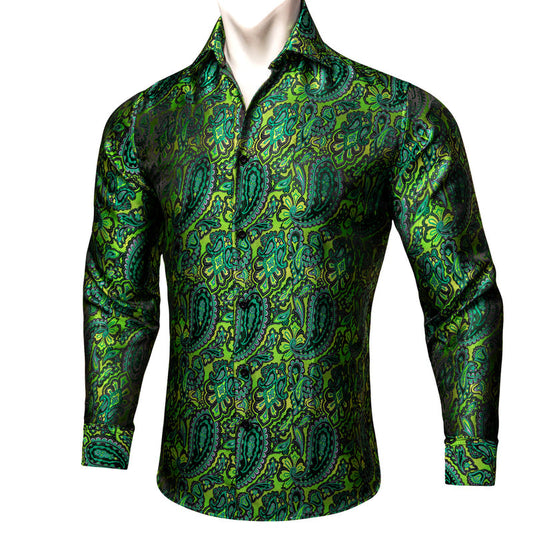 Green Paisley Floral Silk Dress Shirt shirt S   - Sophisticated Gentlemen