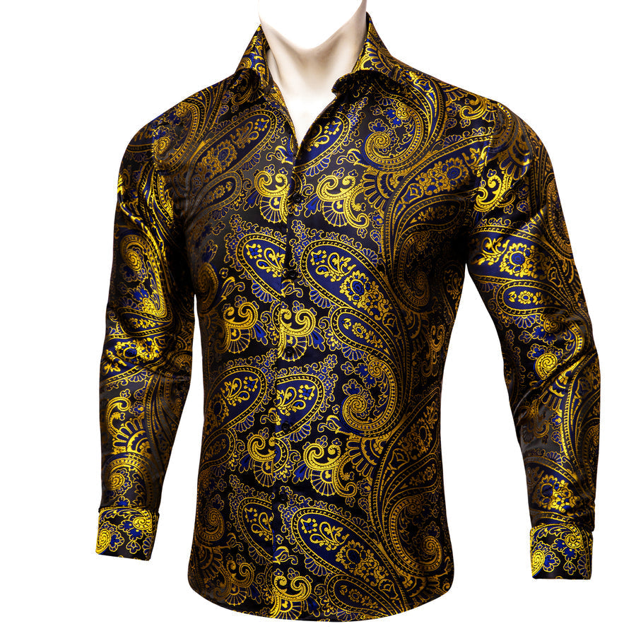 Gold Blue Paisley Floral Silk Dress Shirt shirt S   - Sophisticated Gentlemen