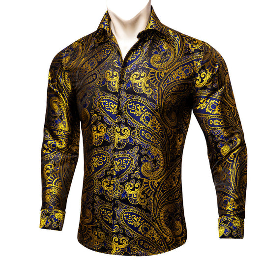 Gold Blue Paisley Floral Silk Dress Shirt shirt S   - Sophisticated Gentlemen